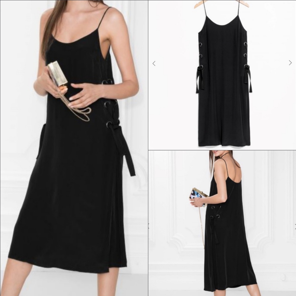& Other Stories Black Slip Midi Dress with Lace-Up Sides